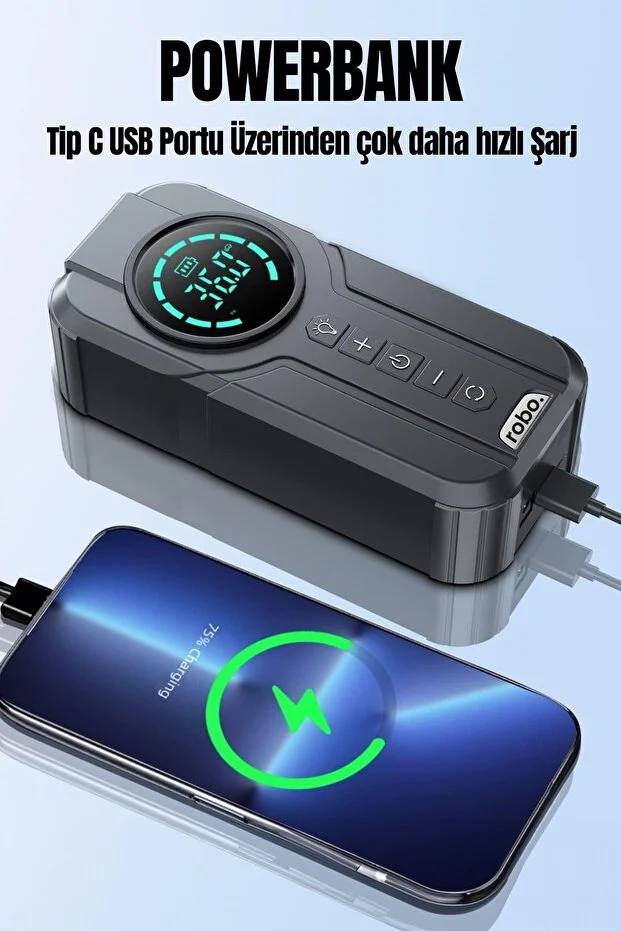 ROBO 4'ü 1 Arada Şarjlı Akü Ateşleyici Lastik Şişirici Powerbank Led Işık 150psi Yüksek Basınçlı